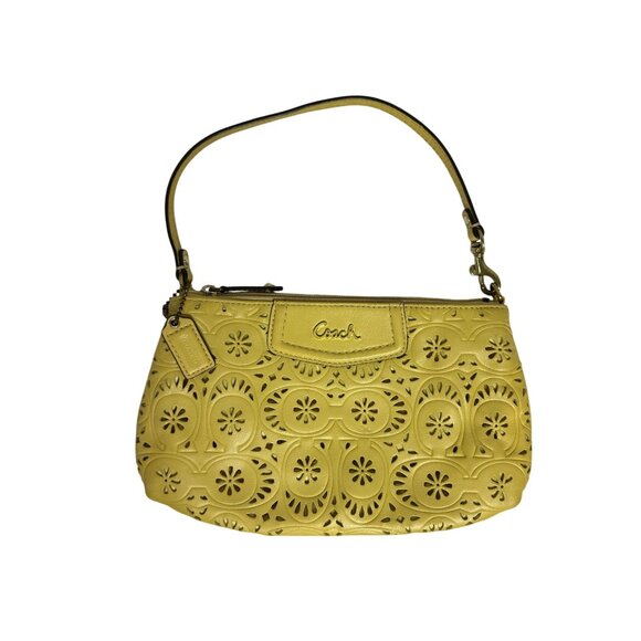 Coach Leather Daisy Eyelet Perforated Wristlet Bag Organizer Marigold Yellow - Picture 1 of 10